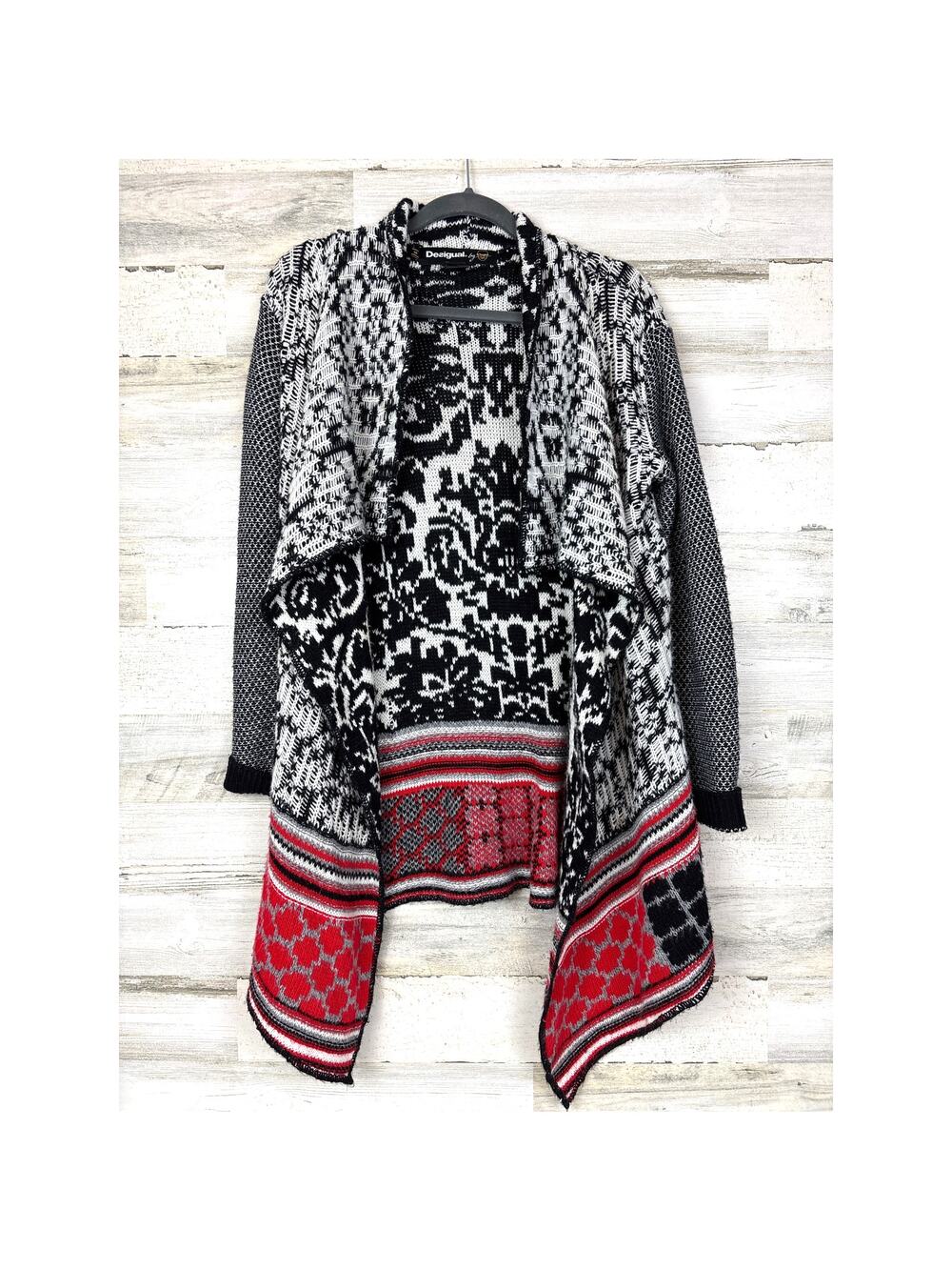 Desigual Womens S Gray Red Open Front Cardigan Sweater Boho